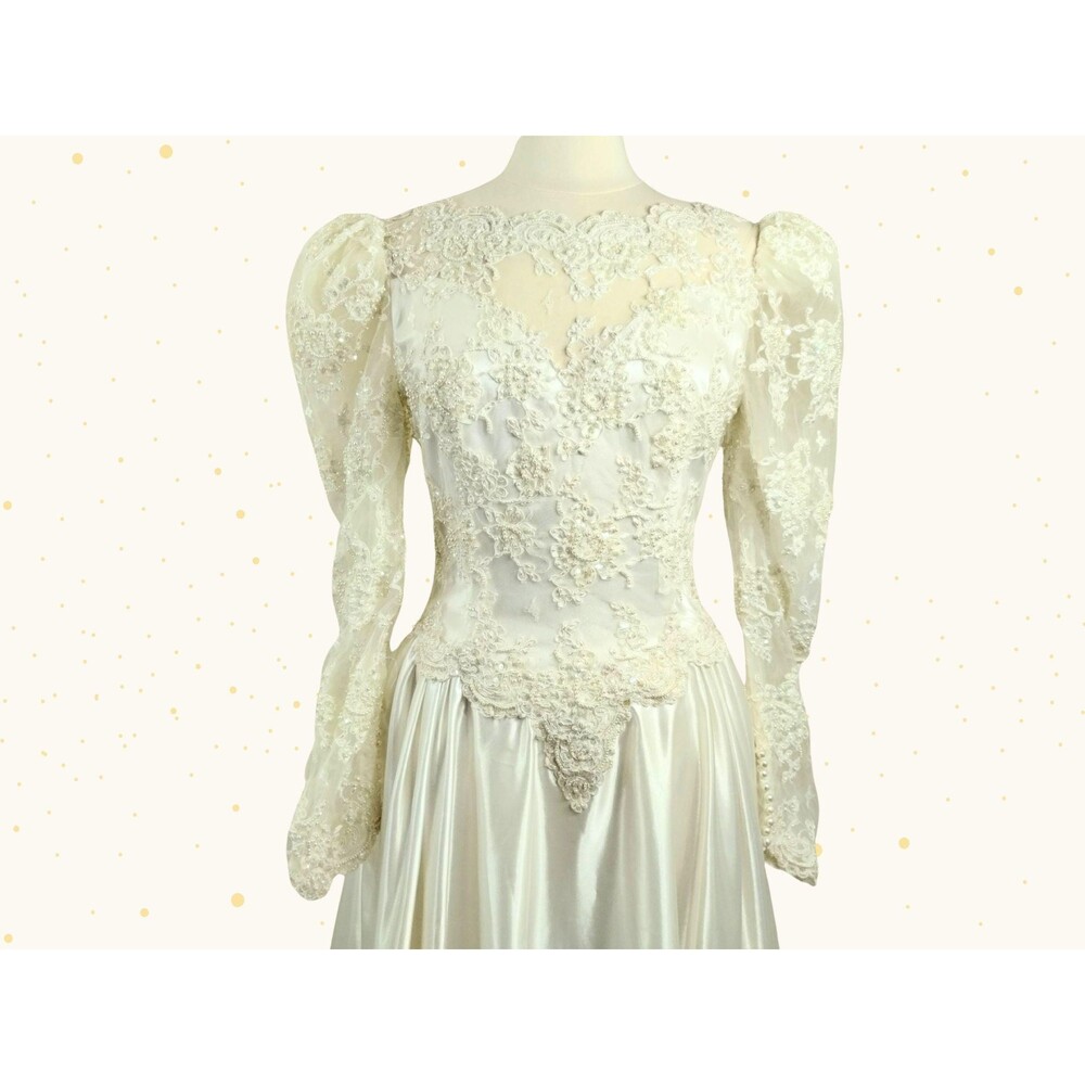 Vtge 80s Wedding Dress: Ivory Satin, Pearls, Sequins, Puff Sleeves, Basque Waist